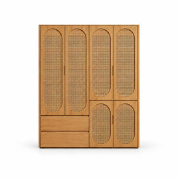 Alvarario 4 Door Wooden Cane Wardrobe shown with a warm wood finish, four tall door panels and separate lower cupboards.