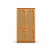 Alvarario 2 Door Wooden Cane Wardrobe, with small vertical door pulls and a narrow wooden case against a white backdrop.