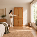 Alvarario 2 Door Wooden Cane Wardrobe with a woman standing beside the cabinet, featuring upper and lower door panels.