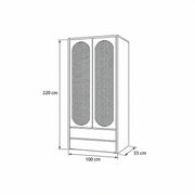 Alvarario 2 Door Wooden Cane Wardrobe with Drawer drawing with small paired door pulls, labelled 100 × 55 × 220 cm.