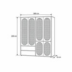Alvarario 4 Door Wooden Cane Wardrobe: 200 × 55 × 220 cm, with rounded cane door inserts outlined in the size diagram.