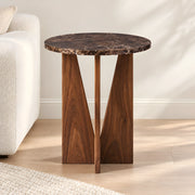 Apicko Marble Side Table featuring round tabletop with a dark brown marble-look appearance in a clear product photograph.