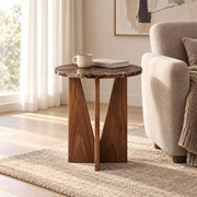 Apicko Marble Side Table product view showing round top with a dark brown marble-look appearance in a modern home setting.