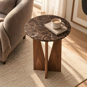 Close-up of Apicko Marble Side Table, highlighting round top and dark brown marble-look appearance in a modern home setting.