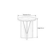 Apicko Marble Side Table dimension guide showing 45 cm deep and 55 cm high for living room layout planning and placement.