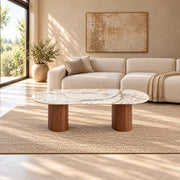 Arcasilora Oval Marble Coffee Table product view showing elongated oval top and rounded edges in a balanced home interior.