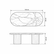 Arcasilora Oval Marble Coffee Table dimension guide showing 120 W x 60 D x 45 H cm for living room layout planning.
