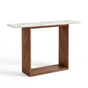 Alternate view of Ardeliso Marble Console Table, showing veined top and open rectangular base in a balanced home interior.