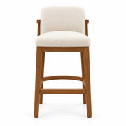 Arrosity Upholstered Wooden Bar Stool with a curved wooden footrest and a cushioned cream seat against a white backdrop.