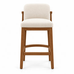 Arrosity Upholstered Wooden Bar Stool with a curved wooden footrest and a cushioned cream seat against a white backdrop.