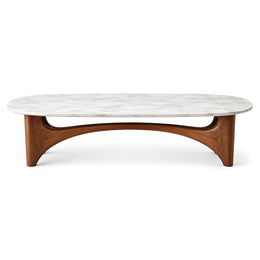 Alternate view of Arrovina White Marble Coffee Table, showing elongated rounded tabletop and curved architectural base.