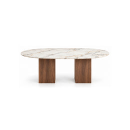 Arvizta Marble Top 6-Seater Dining Table shown with an oval marble top, a long dining surface and pale surface veining.