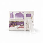 Asheilo Kids Bunk Bed with Slide and Storage: an arched upper opening, lavender upper rails and lower storage drawers.