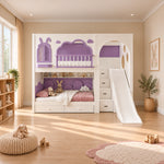 Asheilo Kids Bunk Bed with Slide and Storage combines lower storage drawers with drawer stairs beside a playroom window.