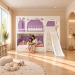 Asheilo Kids Bunk Bed with Slide and Storage in a bedroom with an adult and child seated below, featuring drawer stairs.