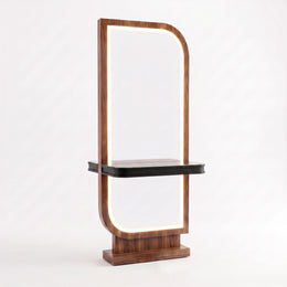 Alternate view of Ashmany Walnut LED Salon Mirror Station, showing integrated LED lighting for a modern salon interior.