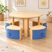 Avestolra Kids Table with 4 Storage Stools, showing a round wooden tabletop and four nesting stools beside a playroom window.