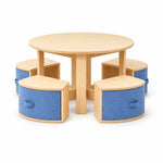 Avestolra Kids Table with 4 Storage Stools, detailed with blue fabric storage fronts and matching blue pull handles.