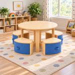 Avestolra Kids Table with 4 Storage Stools pairs four nesting stools with a round wooden tabletop beside a playroom window.