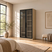 Balomora 2 Door Transparent Glass Cabinet Storage pairs a neutral outer case with smoked-glass panels in a furnished bedroom.