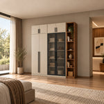 Balomora Wooden Wardrobe with Glass Storage Cabinet, showing upper cupboards and long black handles in a furnished bedroom.