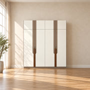 Bestylora 4 Door Wooden Wardrobe: light full-height doors, upper cupboards and taupe vertical strips in a sunlit bedroom.