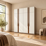Bestylora 4 Door Wooden Wardrobe, showing a plain rectangular frame and taupe vertical strips beside a bedroom window.