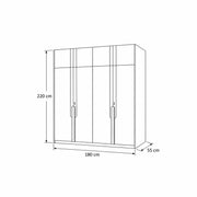 Bestylora 4 Door Wooden Wardrobe drawing with light full-height doors, labelled 180 cm wide, 55 cm deep and 220 cm high.