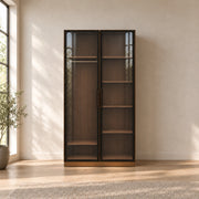 Bestylora Glass Storage Cabinet brings together slim vertical handles and dark-framed reeded glass in a sunlit bedroom.