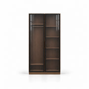 Bestylora Glass Storage Cabinet shown with dark-framed reeded glass, slim vertical handles and visible interior shelves.