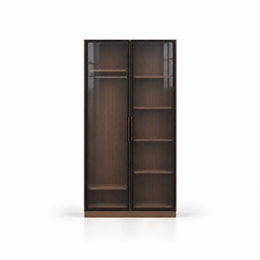 Bestylora Glass Storage Cabinet shown with dark-framed reeded glass, slim vertical handles and visible interior shelves.