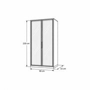 Bestylora Glass Storage Cabinet dimension guide with slim vertical handles and labels of 90 cm wide and 220 cm high.