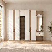 Bestylora 4 Door Wooden Wardrobe with Dressing Table pairs cream cabinet doors with two vanity drawers in a sunlit bedroom.