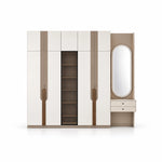 Bestylora 4 Door Wooden Wardrobe with Dressing Table, detailed with an adjoining oval mirror against a white backdrop.