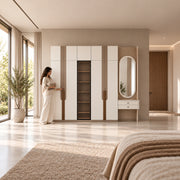 Bestylora 4 Door Wooden Wardrobe with Dressing Table with a woman standing beside the cabinet, showing two vanity drawers.