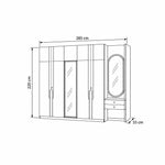 Bestylora 4 Door Wooden Wardrobe with Dressing Table drawing with central glass shelving, labelled 285 × 55 × 220 cm.