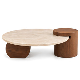 Alternate view of Bolomina Travertine Coffee Table, showing round top and dual-base design in a balanced home interior.