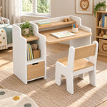 Boorlona White Kids Study Desk with Chair beside a playroom window, showing a left open cubby alongside a wood writing top.