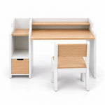 Boorlona White Kids Study Desk with Chair brings together a left open cubby and a raised rear shelf viewed from the front.