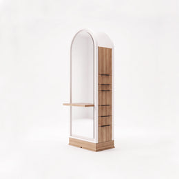Alternate view of Boxola White & Walnut Salon Mirror Station, showing full-length arched mirror and integrated side drawers.