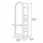 Boxola White and Walnut Salon Mirror Station size sketch showing a projecting styling ledge; 85 cm wide and 210 cm high.
