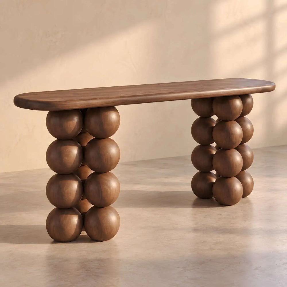 Bubblory Wooden Console Table featuring rounded elongated tabletop in a clear product photograph in a modern home setting.