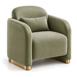 Calmandro Sage Green Pedicure Chair with a loose lumbar cushion, rounded upholstered arms and slim gold-tone foot details.