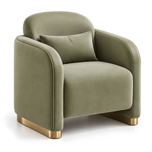 Calmandro Sage Green Pedicure Chair with a loose lumbar cushion, rounded upholstered arms and slim gold-tone foot details.