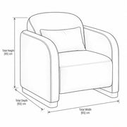 Calmandro Sage Green Pedicure Chair drawing with a loose accent cushion, labelled 65 cm wide, 65 cm deep and 85 cm high.
