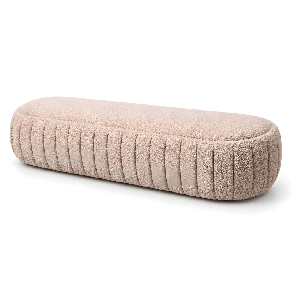 Alternate view of Carzola Pink Upholstered Bench, showing plush cushioning and rounded edges in a balanced home interior.
