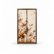 Cazinovy 2 Door Wooden Wardrobe with botanical door artwork and warm floral illustrations against a white backdrop.