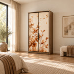 Cazinovy 2 Door Wooden Wardrobe: a two-door front, cream door panels and botanical door artwork beside a bedroom window.