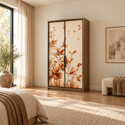 Cazinovy 2 Door Wooden Wardrobe: a two-door front, cream door panels and botanical door artwork beside a bedroom window.