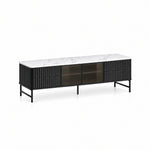 Chestiko White Marble Top TV Unit against a white backdrop, featuring a slim black leg frame and straight cabinet edges.